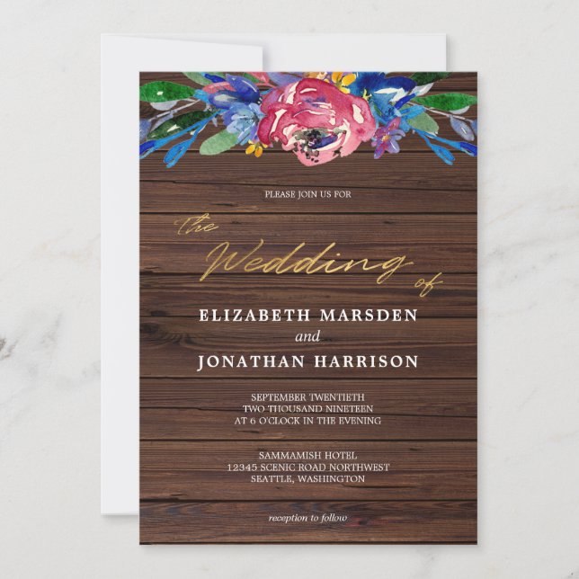 Invitation Burgundy Marine Blue Gold Floral Dark Mariage (Devant)