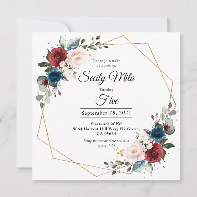 Invitation Burgundy Marine Blush Floral Or géométrique Annive (Devant)