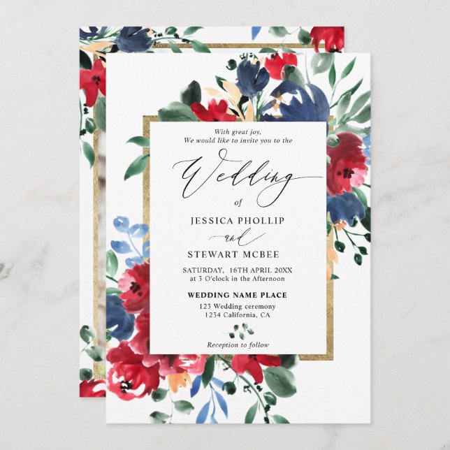 Invitation Burgundy marine floral or script photo mariage (Devant / Derrière)