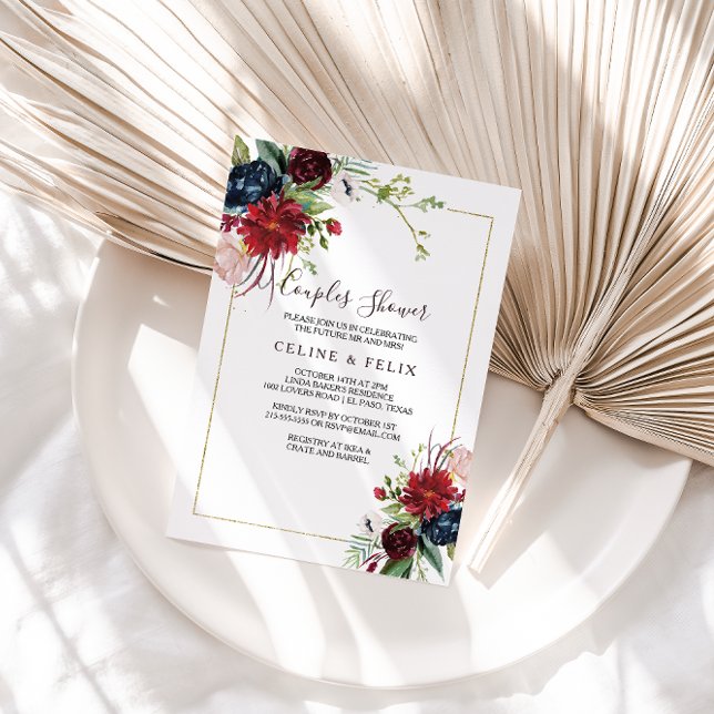 Invitation Burgundy Marine moderne Blush Floral Couples Douch (Créateur téléchargé)