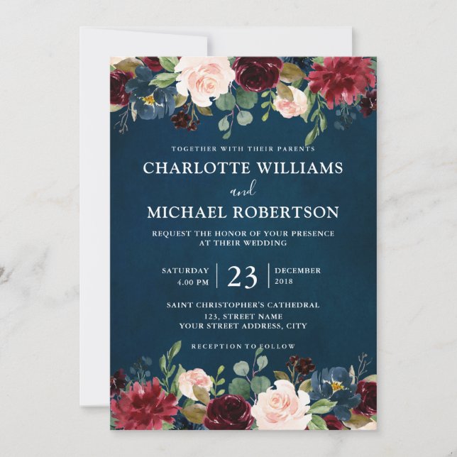Invitation Burgundy Marine Rouge Bleu Floral Russe Boho (Devant)