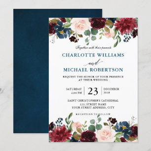 Invitation Burgundy Marine Rouge Bleu Floral Russe Boho