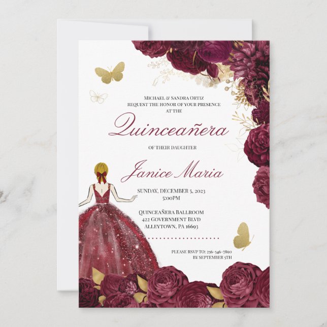 Invitation Burgundy Maron Or Floral Butterfly Quinceañera (Devant)