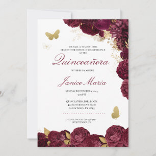 Invitation Burgundy Maron Or Floral Butterfly Quinceañera