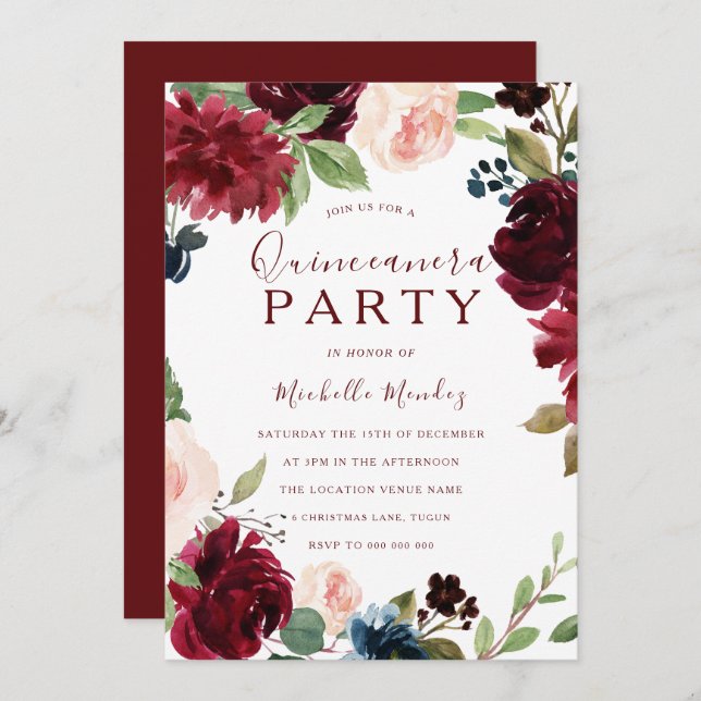 Invitation Burgundy Maron Rouge Floral Quinceanera Party (Devant / Derrière)