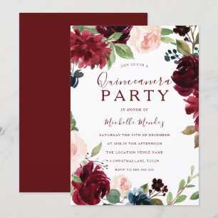 Invitation Burgundy Maron Rouge Floral Quinceanera Party