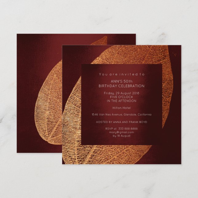 Invitation Burgundy Maroon Leaf Gold Birday Party (Devant / Derrière)