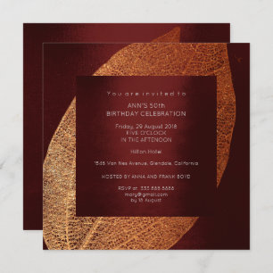 Invitation Burgundy Maroon Leaf Gold Birday Party