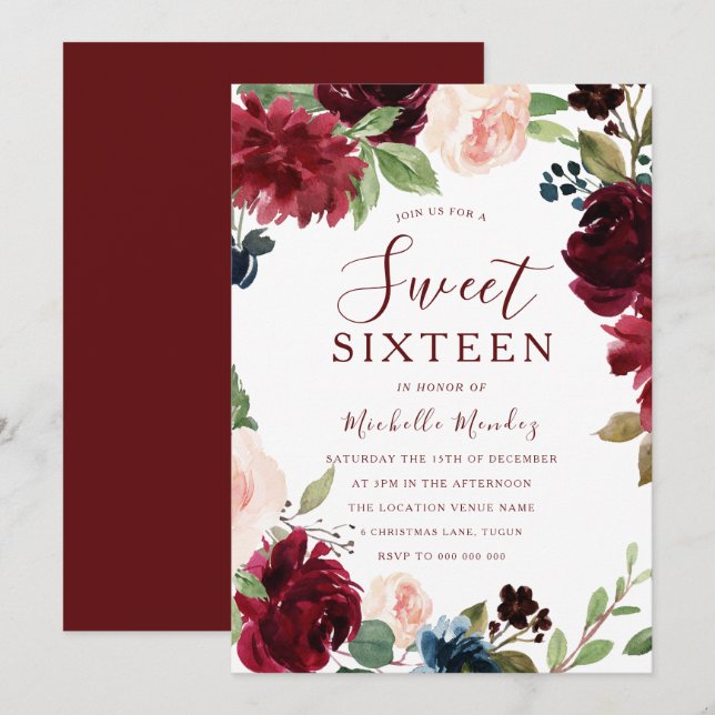 Invitation Burgundy Maroon Rouge Floral Sweet 16 Party (Devant / Derrière)