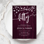 Invitation Burgundy Maroon Rustic Wood 50e anniversaire fête<br><div class="desc">Invitation à la fête du 50e anniversaire. Design rustique avec motif en marron bordeaux. Carte invitation classique avec lumières à cordes de fées et police de caractères en script blanc. Parfait pour une célébration anniversaire du cinquantième. Personnalisez avec vos propres détails. Peut être customisé pour n'importe quel âge ! Invitations...</div>