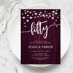 Invitation Burgundy Maroon Rustic Wood 50e anniversaire fête