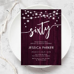 Invitation Burgundy Maroon Rustic Wood 60e fête d'anniversair<br><div class="desc">Invitation de fête du 60e anniversaire. Design rustique avec motif en marron bordeaux. Carte invitation classique avec lumières à cordes de fées et police de caractères en script blanc. Parfait pour une célébration anniversaire du soixantième siècle. Personnalisez avec vos propres détails. Peut être customisé pour n'importe quel âge ! Invitations...</div>