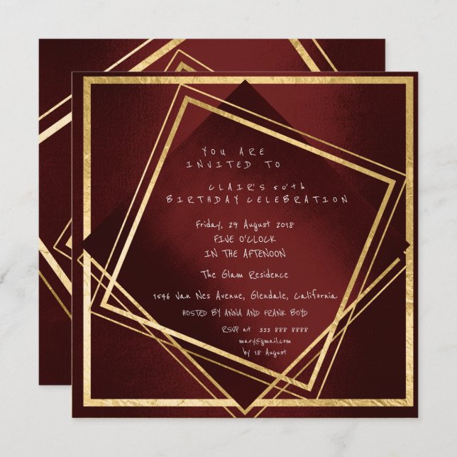 Invitation Burgundy Marron Géométrie Carré Doré Anniversaire (Devant / Derrière)