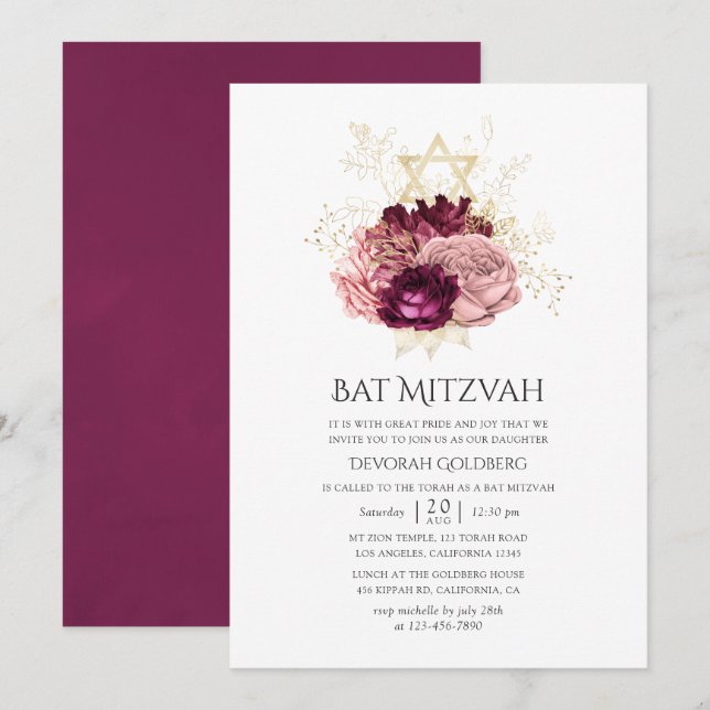 Invitation Burgundy Marsala Blush Rose et Or Bar Mitzvah (Devant / Derrière)