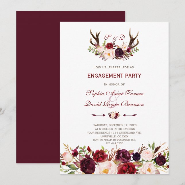 Invitation Burgundy Marsala Floral Antlers (Devant / Derrière)