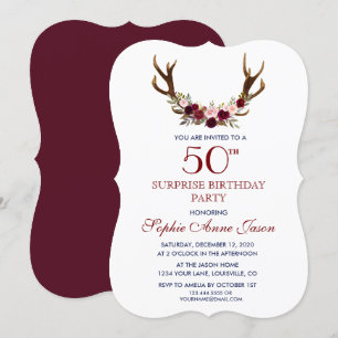 Invitation Burgundy Marsala Floral Antlers 50th Birthday