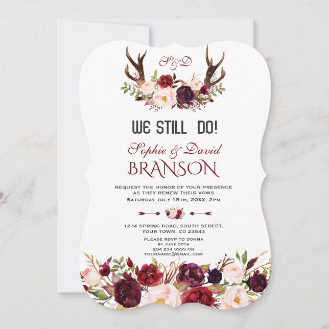 Invitation Burgundy Marsala Floral Antlers NOUS LE FAISONS EN (Devant)