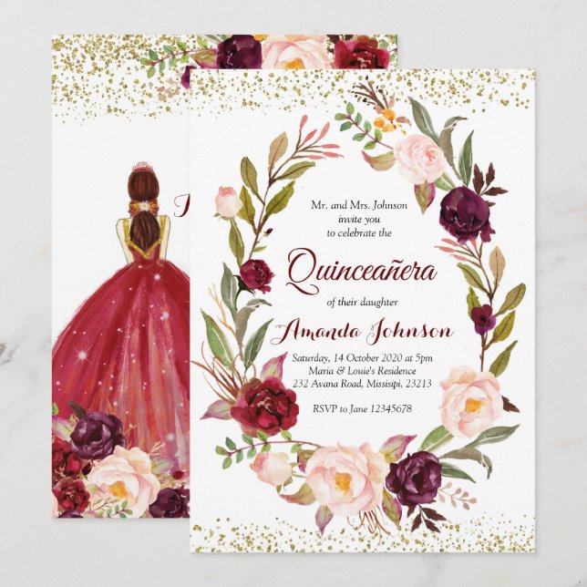Invitation Burgundy Marsala Princess Quinceañera Espagnol (Devant / Derrière)