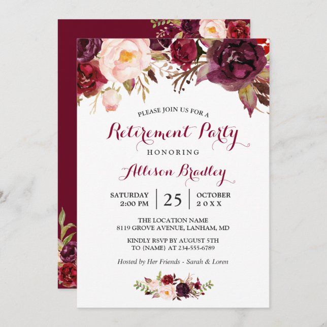 Invitation Burgundy Marsala Red Floral Retraite Party (Devant / Derrière)