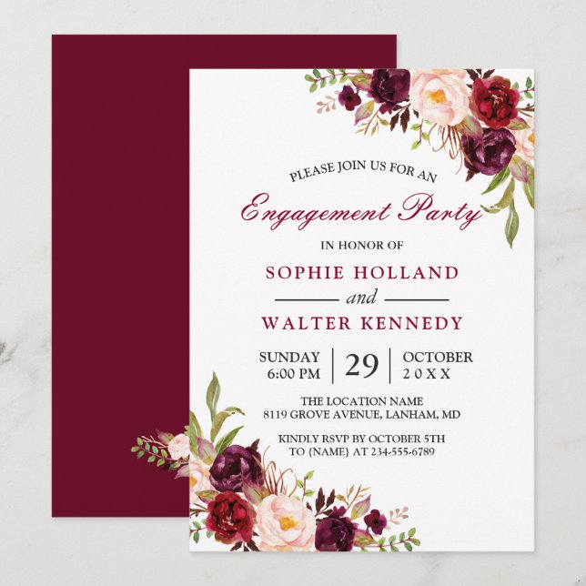 Invitation Burgundy Marsala Rouge Floral Chic Engagement Part (Devant / Derrière)