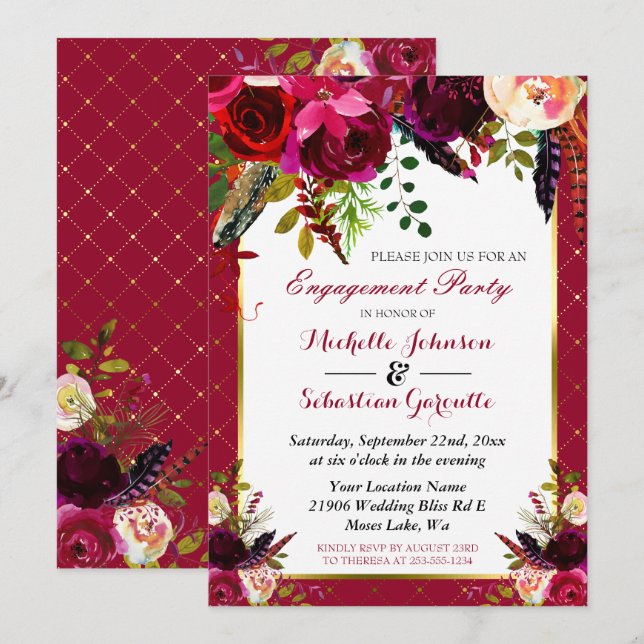Invitation Burgundy Marsala Rustic Floral (Devant / Derrière)