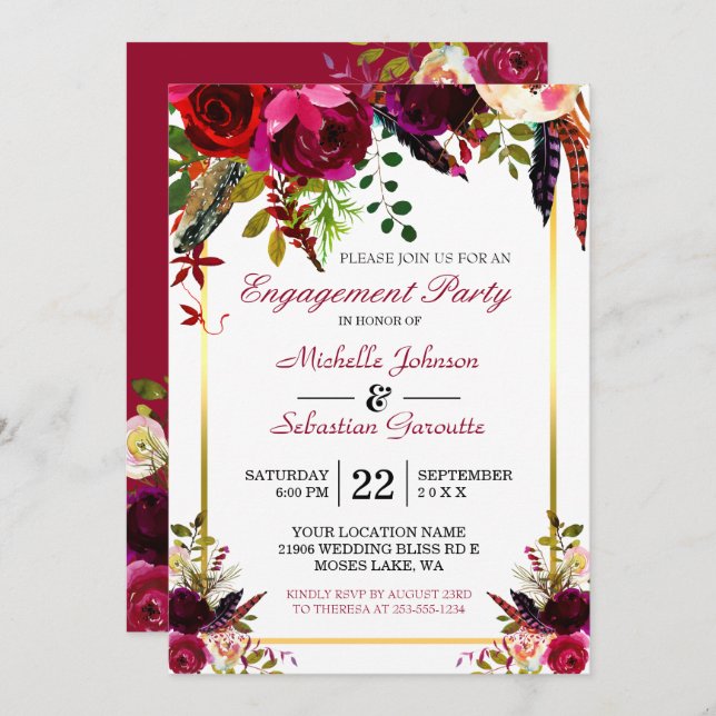 Invitation Burgundy Marsala Rustic Floral (Devant / Derrière)
