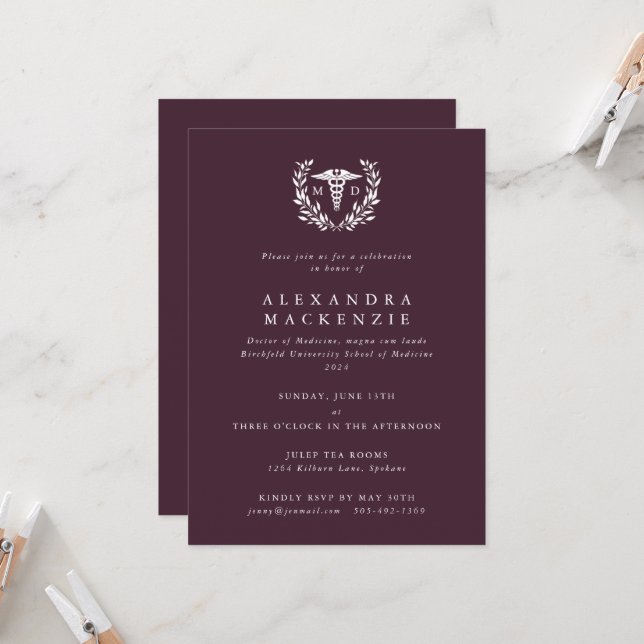 Invitation Burgundy MD Caduceus+Laurel Wreath Graduation (Devant/Arrière en situation)