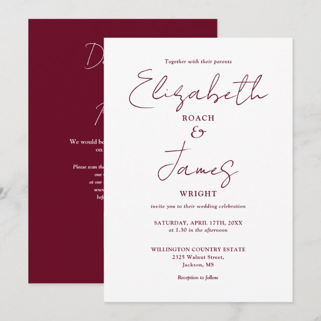 Invitation Burgundy Minimalist Elegant QR Code Mariage (Devant / Derrière)