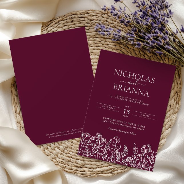 Invitation Burgundy Minimalist Wildflower Wedding Monogram  (Créateur téléchargé)