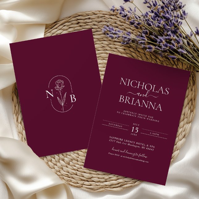 Invitation Burgundy Modern Minimalist Boho Wedding Monogram (Créateur téléchargé)