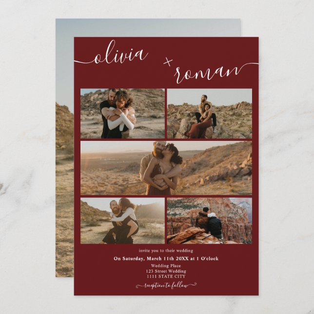 Invitation Burgundy moderne 6 photos grille collage mariage (Devant / Derrière)
