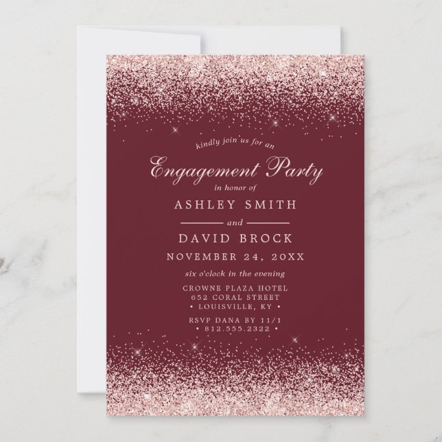 Invitation Burgundy Moderne Fiançailles Confettis Or Rose (Devant)