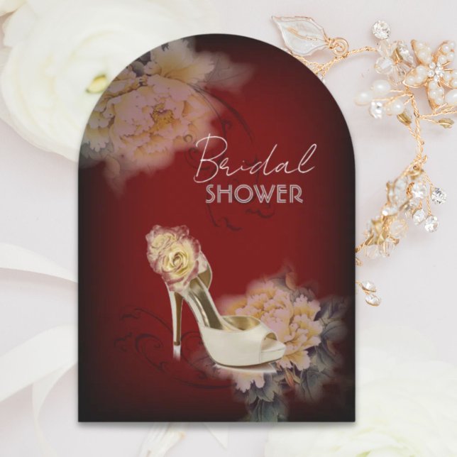Invitation burgundy moderne vintage pivoine fleurie douche nu (burgundy modern vintage peony floral bridal shower invitation)