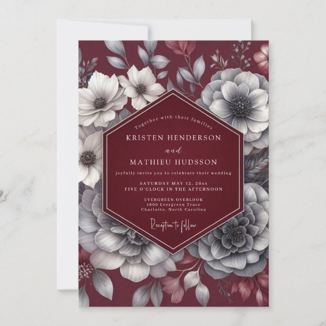Invitation Burgundy Moody Bloom Romance Wedding (Devant)