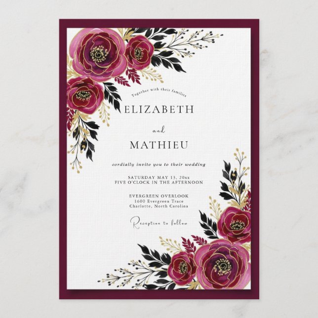 Invitation Burgundy Moody Bloom Wedding (Devant)