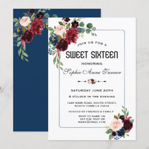 Invitation Burgundy Navy Bleu Floral Cadre pointillé Sweet 16