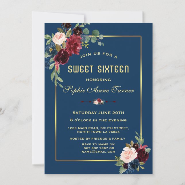 Invitation Burgundy Navy Bleu Floral Golden Frame Sweet 16 (Devant)