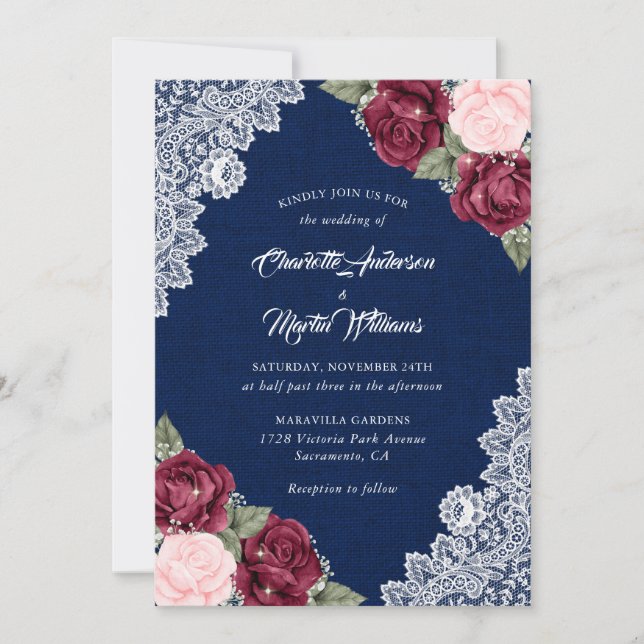 Invitation Burgundy Navy Blue Blush Burlap Floral Mariage (Devant)