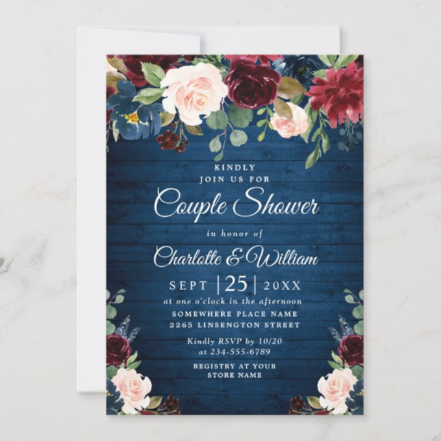 Invitation Burgundy Navy Blue Blush Fleurs COUPLE DOUCHE (Devant)