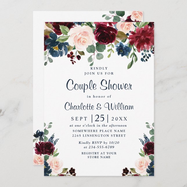 Invitation Burgundy Navy Blue Blush Fleurs COUPLE DOUCHE (Devant / Derrière)