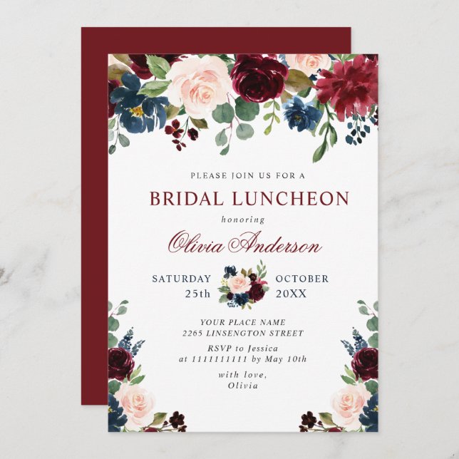 Invitation Burgundy Navy Blue Blush Flowers BRIDAL LUNCHEON (Devant / Derrière)