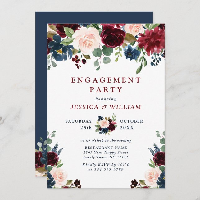 Invitation Burgundy Navy Blue Blush Flowers ENGAGEMENT PARTY (Devant / Derrière)