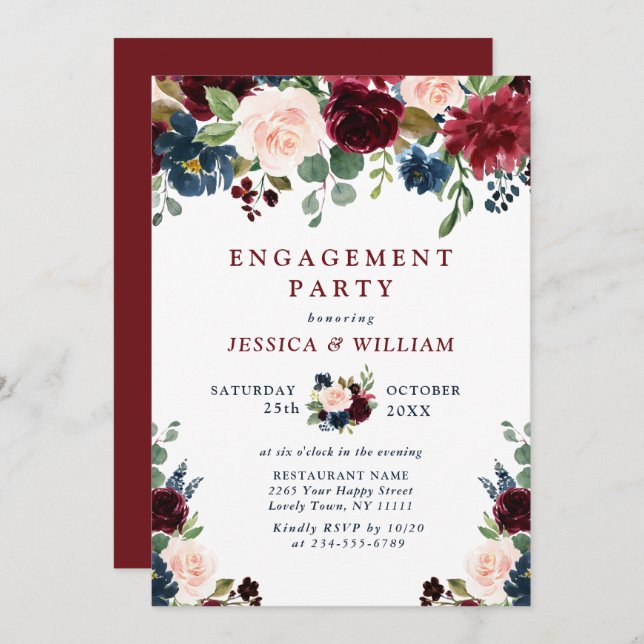 Invitation Burgundy Navy Blue Blush Flowers ENGAGEMENT PARTY (Devant / Derrière)