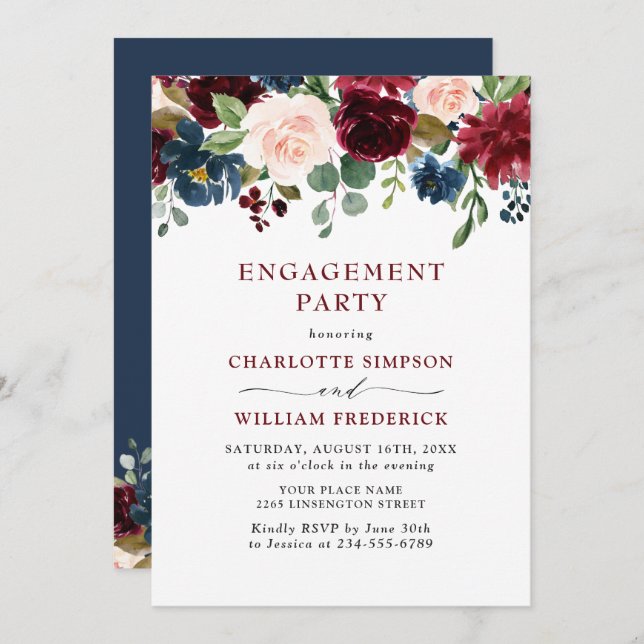Invitation Burgundy Navy Blue Blush Flowers ENGAGEMENT PARTY (Devant / Derrière)