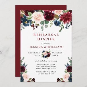 Invitation Burgundy Navy Blue Blush Flowers REHEARSAL DÎNER