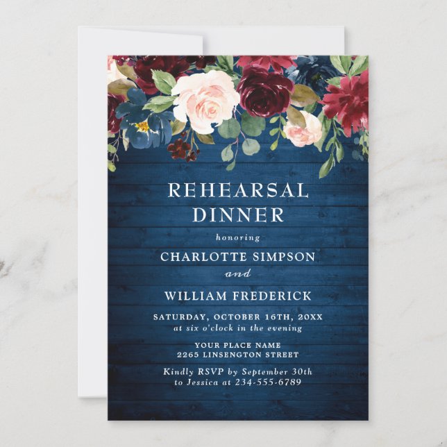 Invitation Burgundy Navy Blue Blush Flowers REHEARSAL DÎNER (Devant)