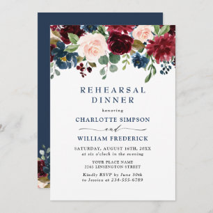 Invitation Burgundy Navy Blue Blush Flowers REHEARSAL DÎNER
