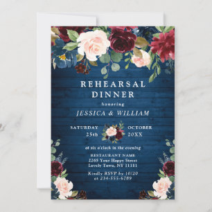 Invitation Burgundy Navy Blue Blush Flowers REHEARSAL DÎNER