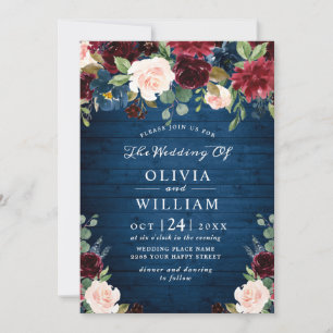 Invitation Burgundy Navy Blue Blush Rustic Floral Mariage
