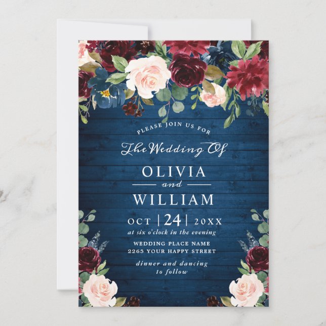 Invitation Burgundy Navy Blue Blush Rustic Floral Mariage (Devant)